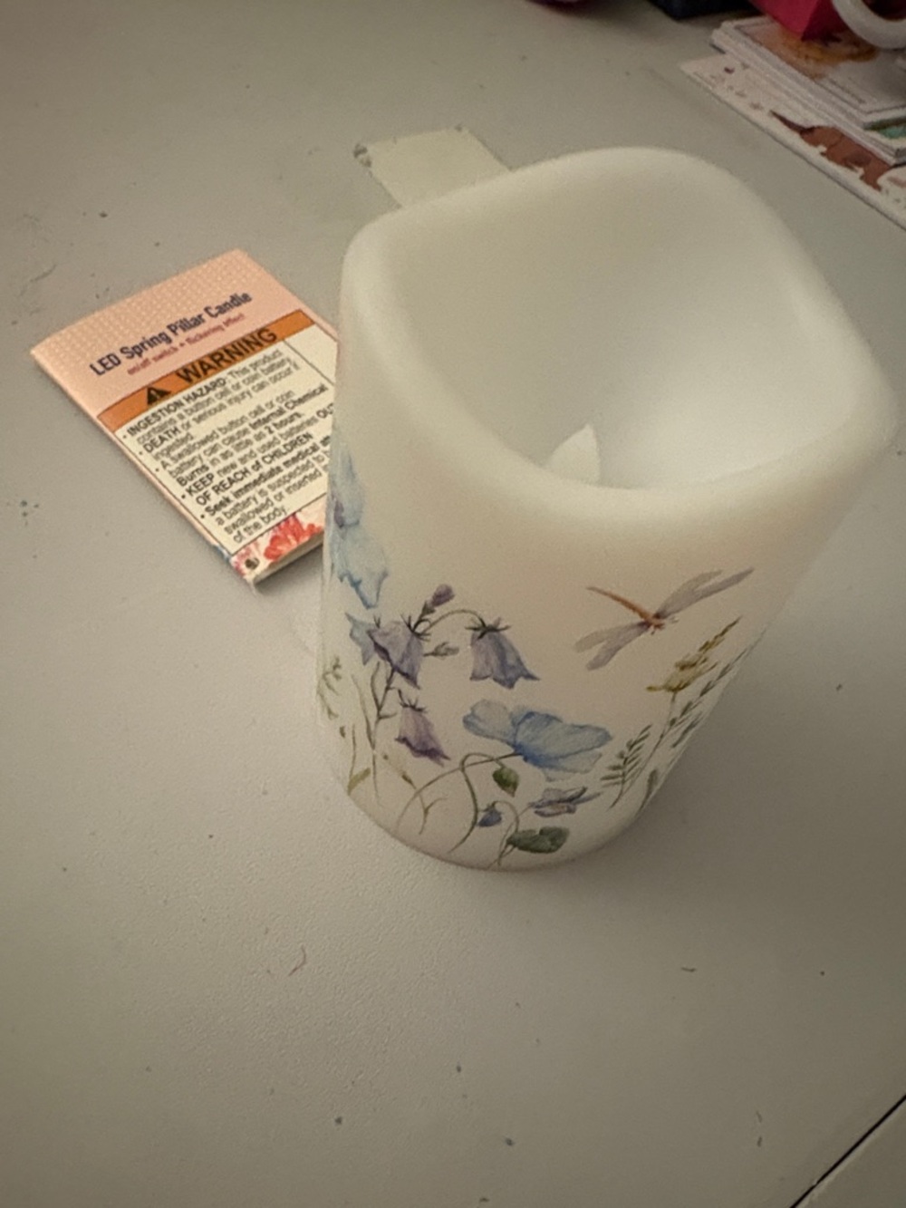 LED Pillar Candle with Blue Floral & Dragonfly Accent - White